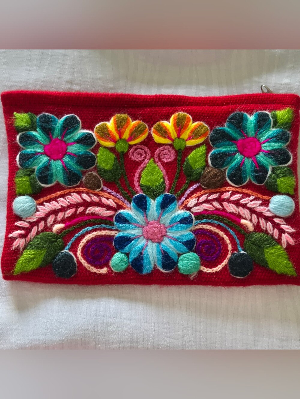 Handmade Peruvian Embroidered Wool Pouch Zipper Cosmetic Bag Floral Red Boho